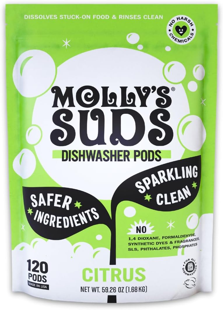 Molly's Suds Dishwasher Pods | Natural Dishwasher Detergent, Cuts Grease & Rinses Clean (Residue-Free) for Sparkling Dishes | 60 Auto-Release Tabs (Unscented)