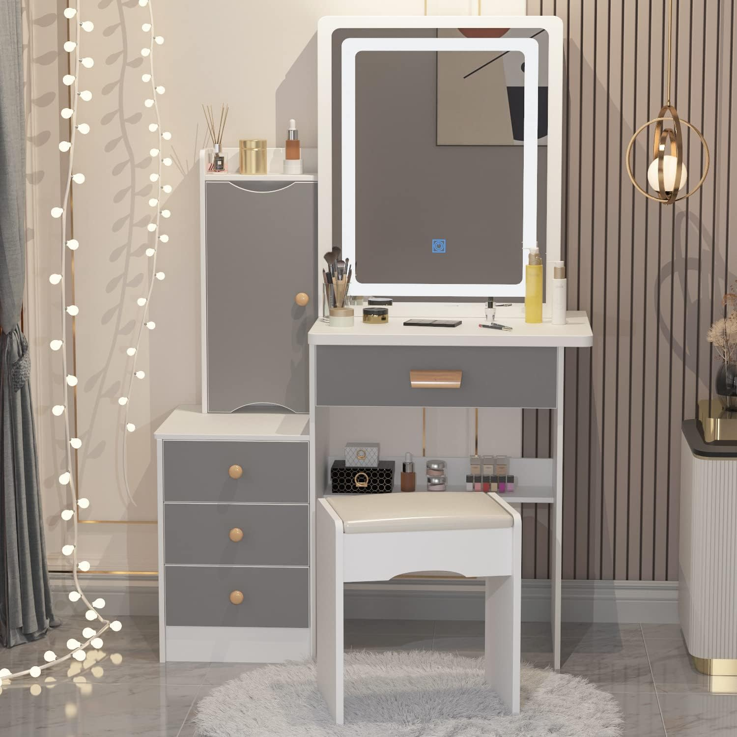 PREMTURE Dressing Table with LED Lighting, Cosmetic Table with Open Shelf and 4 Drawers, Dressing Table with Stool, Dressing Tables, Large Storage Space, MDF, 90 W x 40 D x 135 H cm