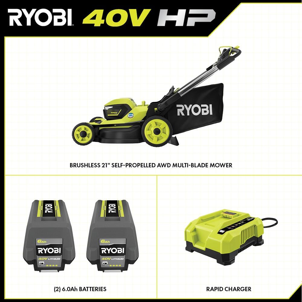 40V HP Brushless Whisper Series 21" Walk Behind Self-Propelled All Wheel Drive Lawn Mower-(2) 6.0 Ah Batteries & Charger