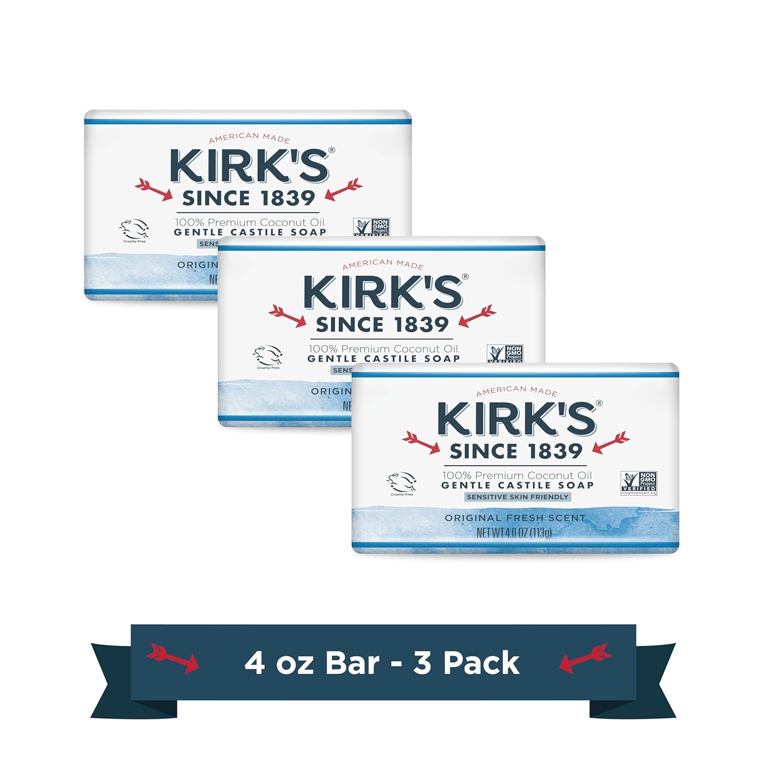 Kirk's Castile Bar Soap for Men, Women & Children - Made With Premium Coconut Oil, Sensitive Skin Formula, Vegan, Non GMO, Original Fresh Scent, 4 oz. Bars, 6 Pack