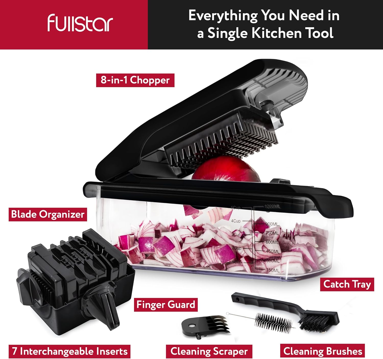 Fullstar Vegetable Chopper - Food Chopper - Onion Chopper - Vegetable Slicer & Spiralizer - Veggie Chopper with Container - Kitchen Gadgets - Home Essentials - Kitchen Accessories (4 in 1, White)