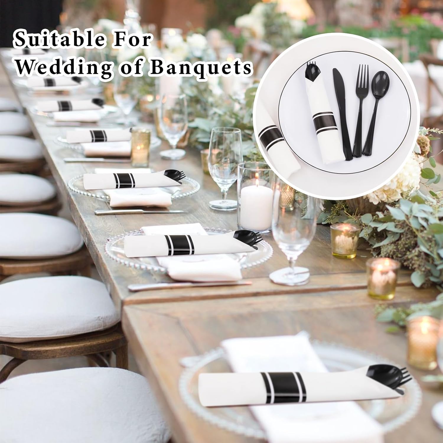 Supernal 60 Pack Pre Rolled Napkins with Gold Plastic Silverware, Premium Disposable Gold Wrapped Cutlery Set Includes: 60 Forks 60 Knives 60 Spoons 60 Napkin for Party