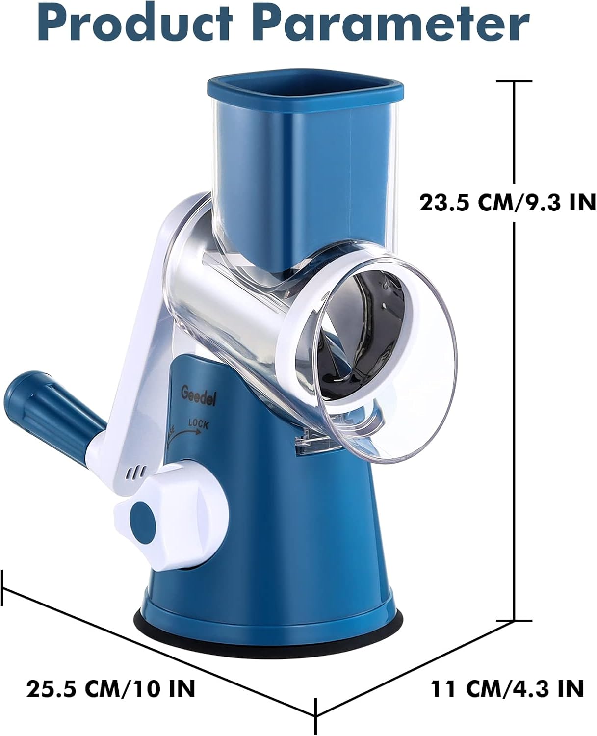 Geedel Rotary Cheese Grater, Kitchen Mandoline Vegetable Slicer with 3 Interchangeable Blades, Easy to Clean Grater for Fruit, Vegetables, Nuts