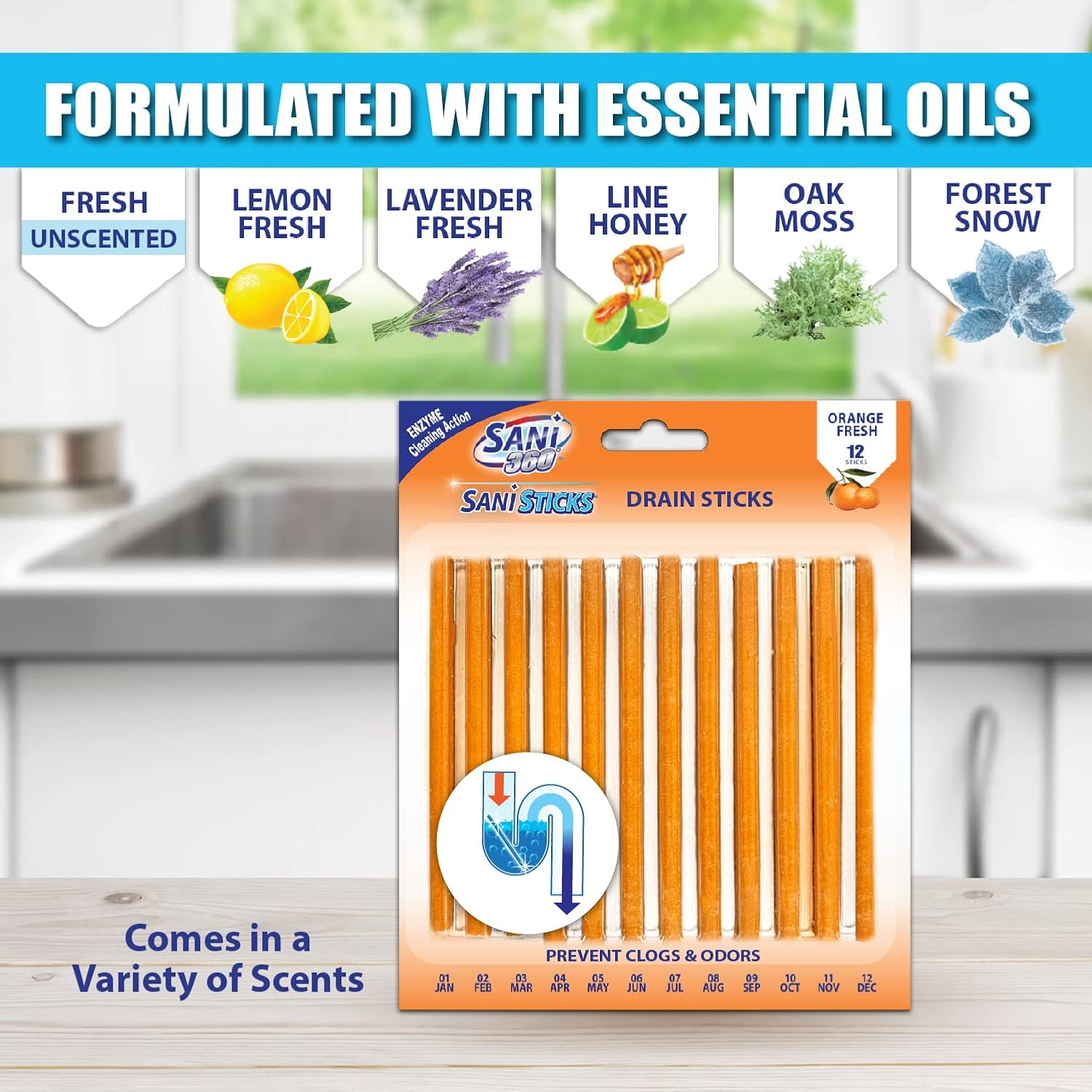 SANI 360° Sani Sticks Drain Cleaner and Deodorizer, Enzyme Pipe Cleaners, Eliminate Odors, Prevent Clogged Drains, Safe for Sinks, Bathtub Drains, Septic Tanks, 24 Count, Lemon Scent