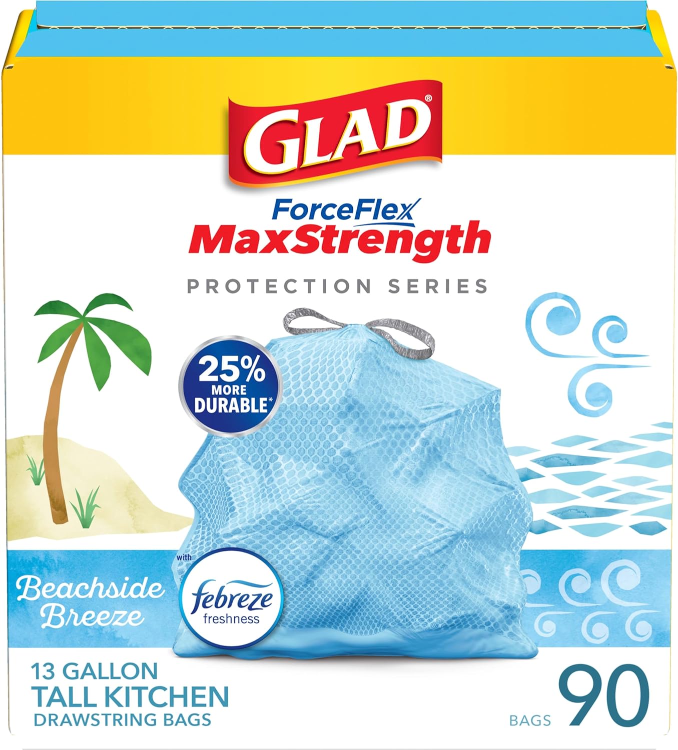 Glad ForceFlex MaxStrength with Clorox Trash Bags, 13 Gal, Lemon Fresh Bleach, 90 Ct, Pack May Vary