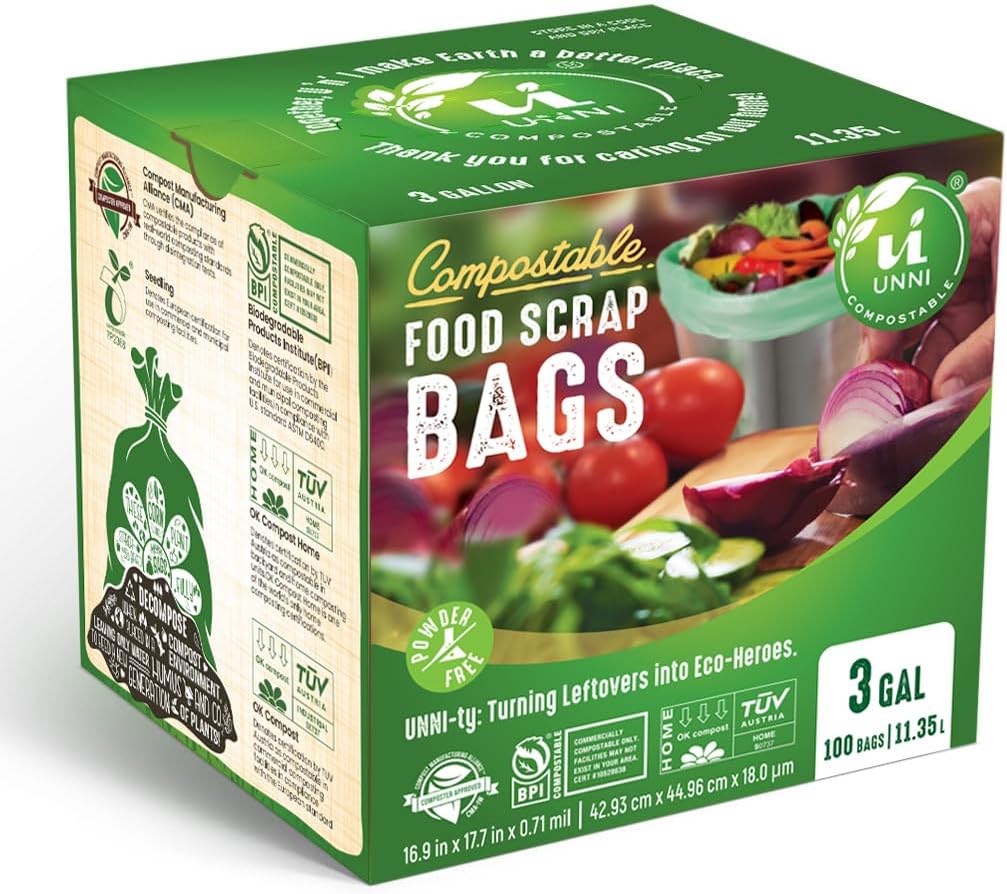 UNNI Compostable Liner Bags, 13 Gallon, 49.2 Liter, 50 Count, Heavy Duty 0.85 Mil, Tall Kitchen Food Scrap Waste Bags, ASTM D6400, US BPI, CMA and Europe OK Compost Home Certified, San Francisco