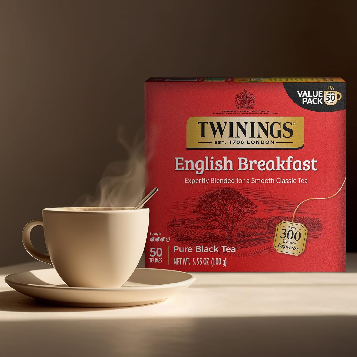 Twinings English Breakfast Black Tea Individually Wrapped Bags, 100 Count (Pack of 1), Smooth, Flavourful, and Robust, Caffeinated, Enjoy Hot or Iced | Packaging May Vary