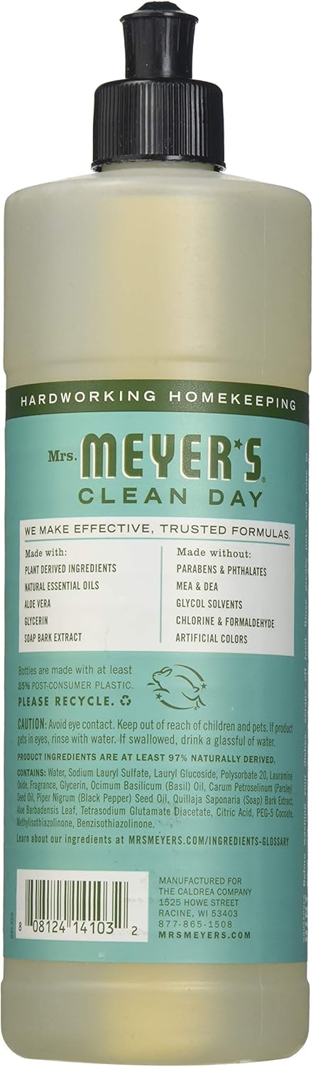 MRS. MEYER'S CLEAN DAY Liquid Dish Soap, Biodegradable Formula, Basil, 16 fl. oz - Pack of 3