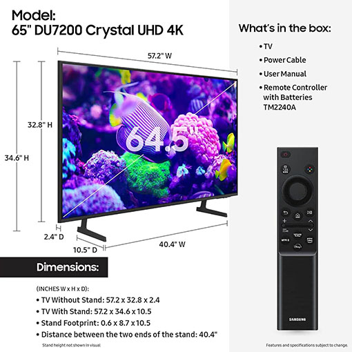 【2025 Best Choice + Free Shipping】SAMSUNG 65-Inch Class Crystal UHD 4K DU7200 Series HDR Smart TV w/Object Tracking Sound Lite, PurColor, Motion Xcelerator, Mega Contrast, Q-Symphony (UN65DU7200, 2024 Model)