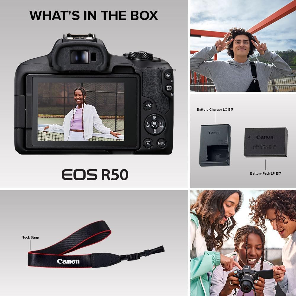 Canon EOS R50 Mirrorless Camera RF-S18-45mm F4.5-6.3 is STM Lens Kit, 24.2 Megapixel CMOS (APS-C) Sensor, 4K Video, Hybrid Camera, Photo and Video, Vlogging, Content Creator, RF Mount, Black