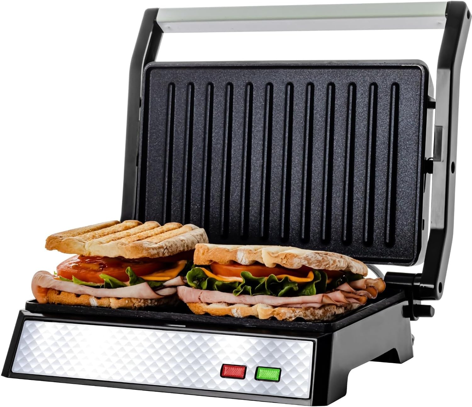 OVENTE Electric Sandwich Maker with Non-Stick Plates, Indicator Lights, Cool Touch Handle, Easy to Clean and Store, Perfect for Cooking Breakfast, Grilled Cheese, Tuna Melts and Snacks, Black GPS401B