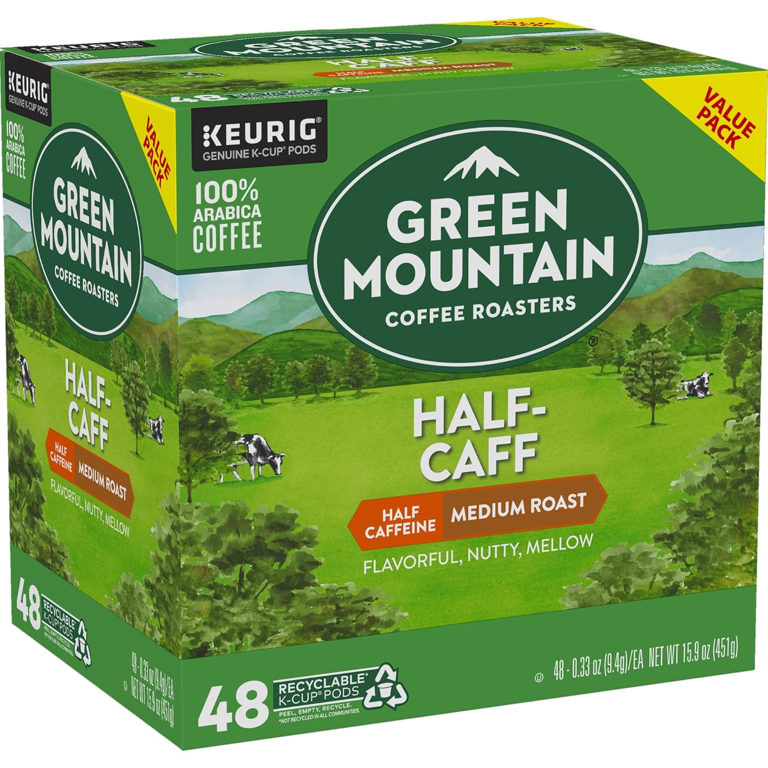Green Mountain Coffee Roasters Half Caff Keurig Single-Serve K-Cup pods, Medium Roast Coffee, 72 Count (6 Packs of 12)