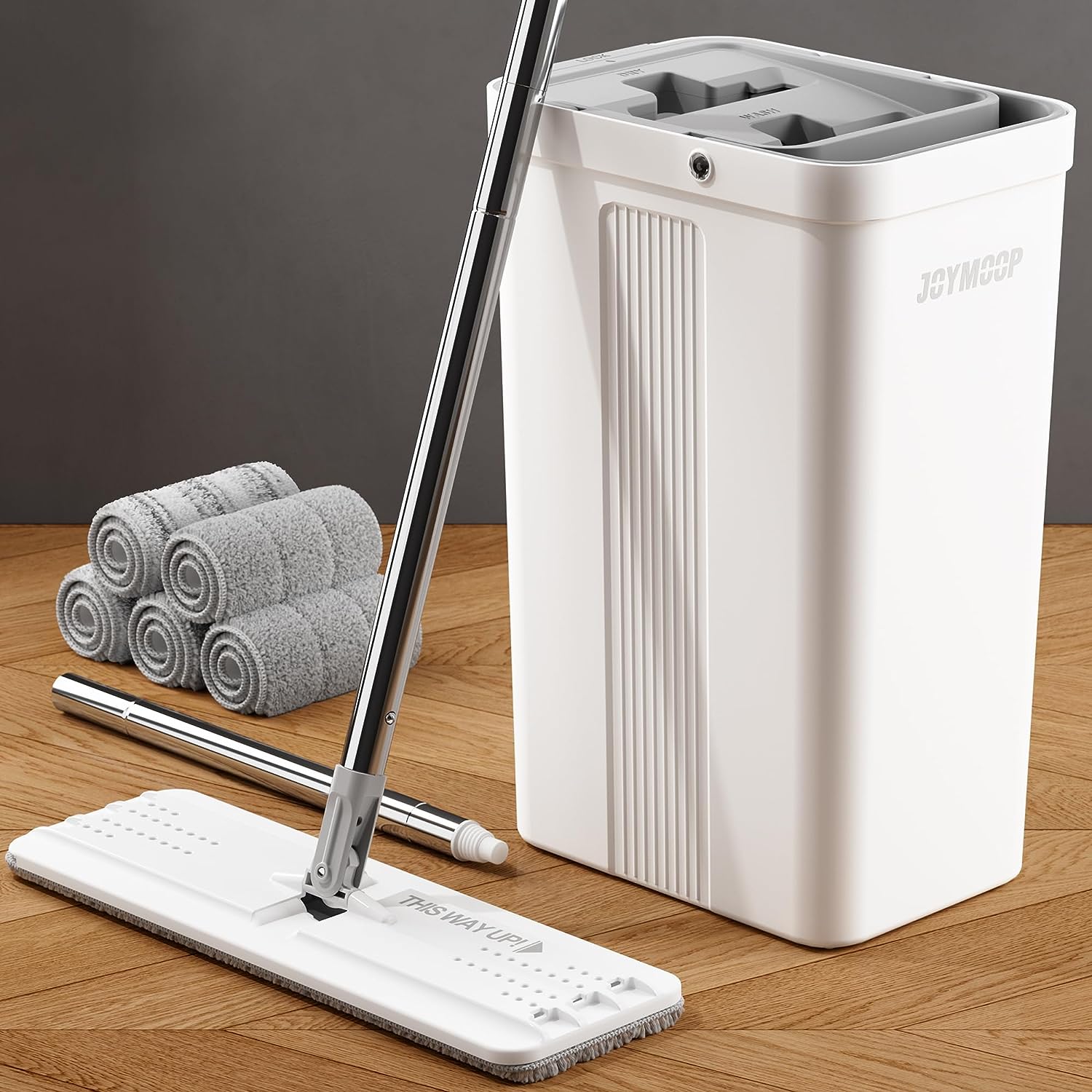 JOYMOOP mop and bucket with Wringer Set, Flat ,for floor cleaning with 3 Microfiber Pads, Wet and Dry Use, Household cleaning Tools, for Hardwood, Laminate, Tile