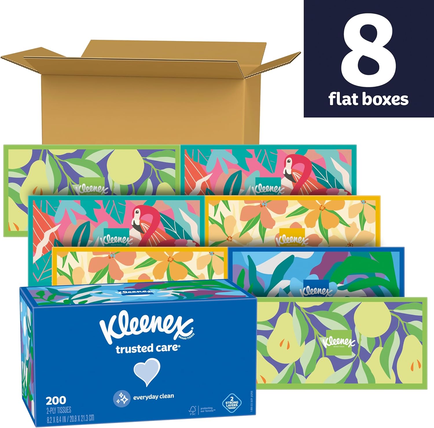 Kleenex Trusted Care Facial Tissues, 8 Flat Boxes, 200 Tissues per Box, 2-Ply, Packaging May Vary