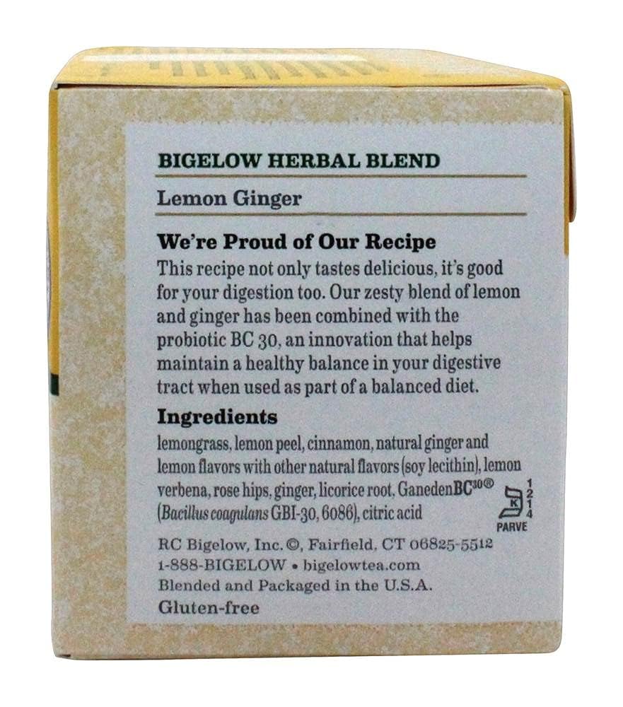 Bigelow Tea Lemon Ginger plus Probiotics Herbal Tea, Caffeine Free Tea with Lemon and Ginger, 18 Count Box (Pack of 6), 108 Total Tea Bags