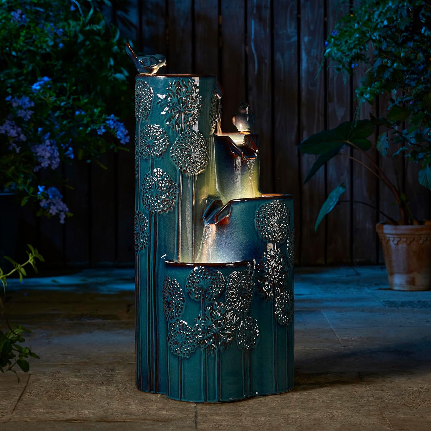 Outdoor Water Fountain with LED Lights and Pump, 4 Tier Dandelion Texture Vase Shaped Ceramic Floor Standing Fountain with Birds for Porch Deck Garden Patio Backyard, Turquoise