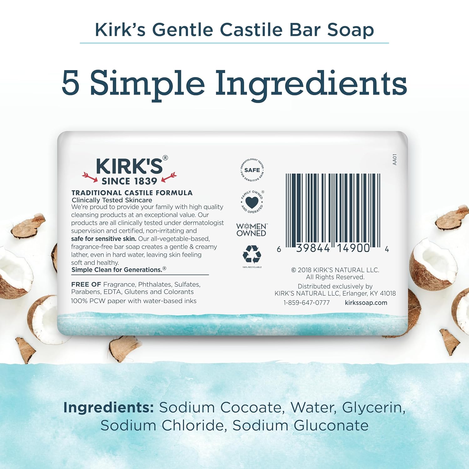 Kirk's Castile Bar Soap for Men, Women & Children - Made With Premium Coconut Oil, Sensitive Skin Formula, Vegan, Non GMO, Original Fresh Scent, 4 oz. Bars, 6 Pack