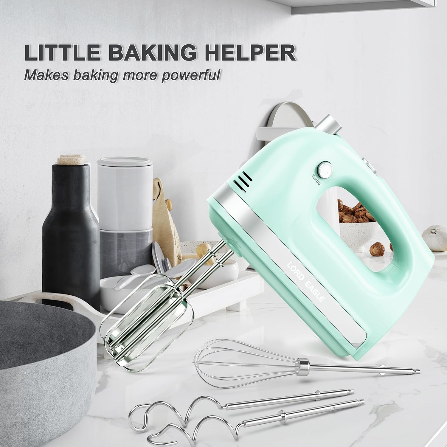 Lord Eagle Hand Mixer Electric, 400W Power handheld Mixer for Baking Cake Egg Cream Food Beater, Turbo Boost/Self-Control Speed + 5 Speed + Eject Button + 5 Stainless Steel Accessories (White)