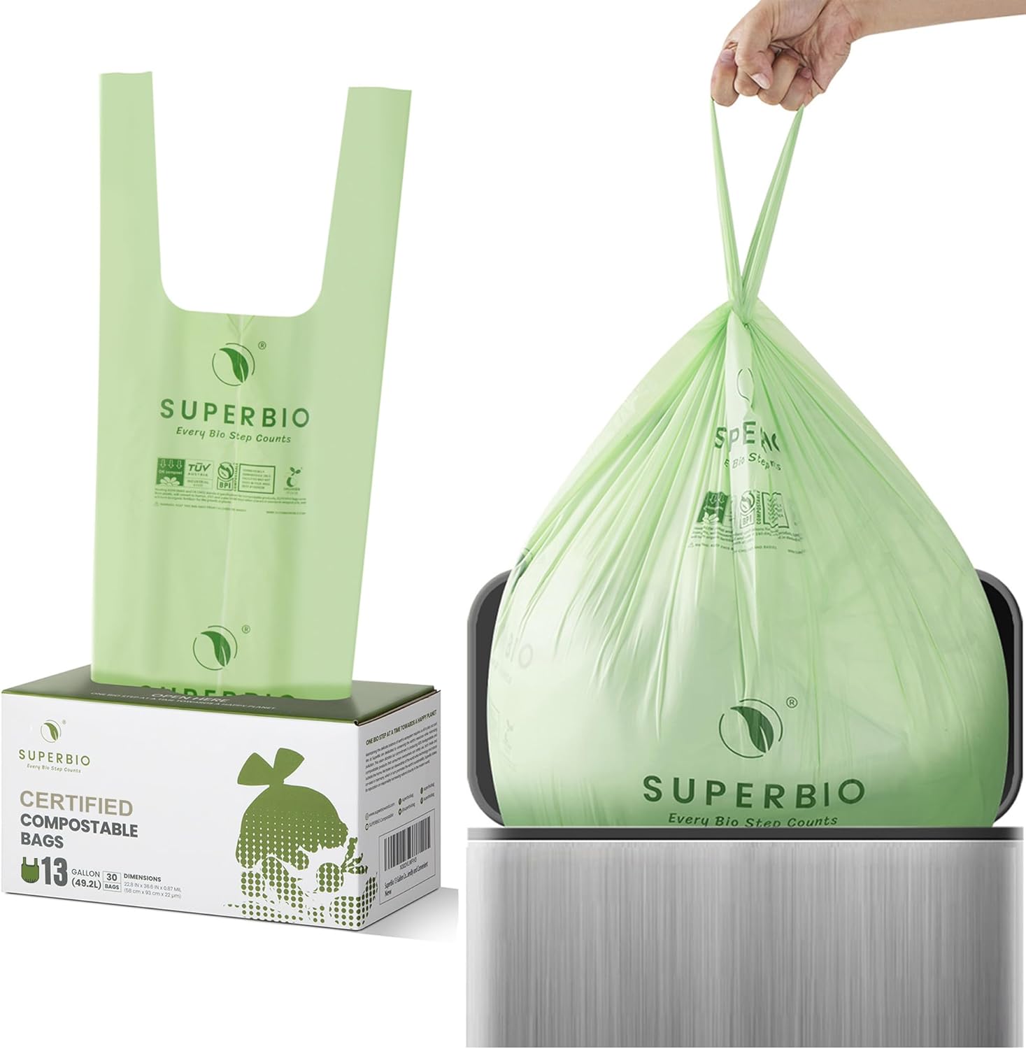 SUPERBIO 1.6 Gallon Handle Tie Compostable Food Scrap Bags For Counter Top Compost Bin, Small Compost Bags, 50 Count, 6 Liter, BPI & OK compost INDUSTRIAL Certified