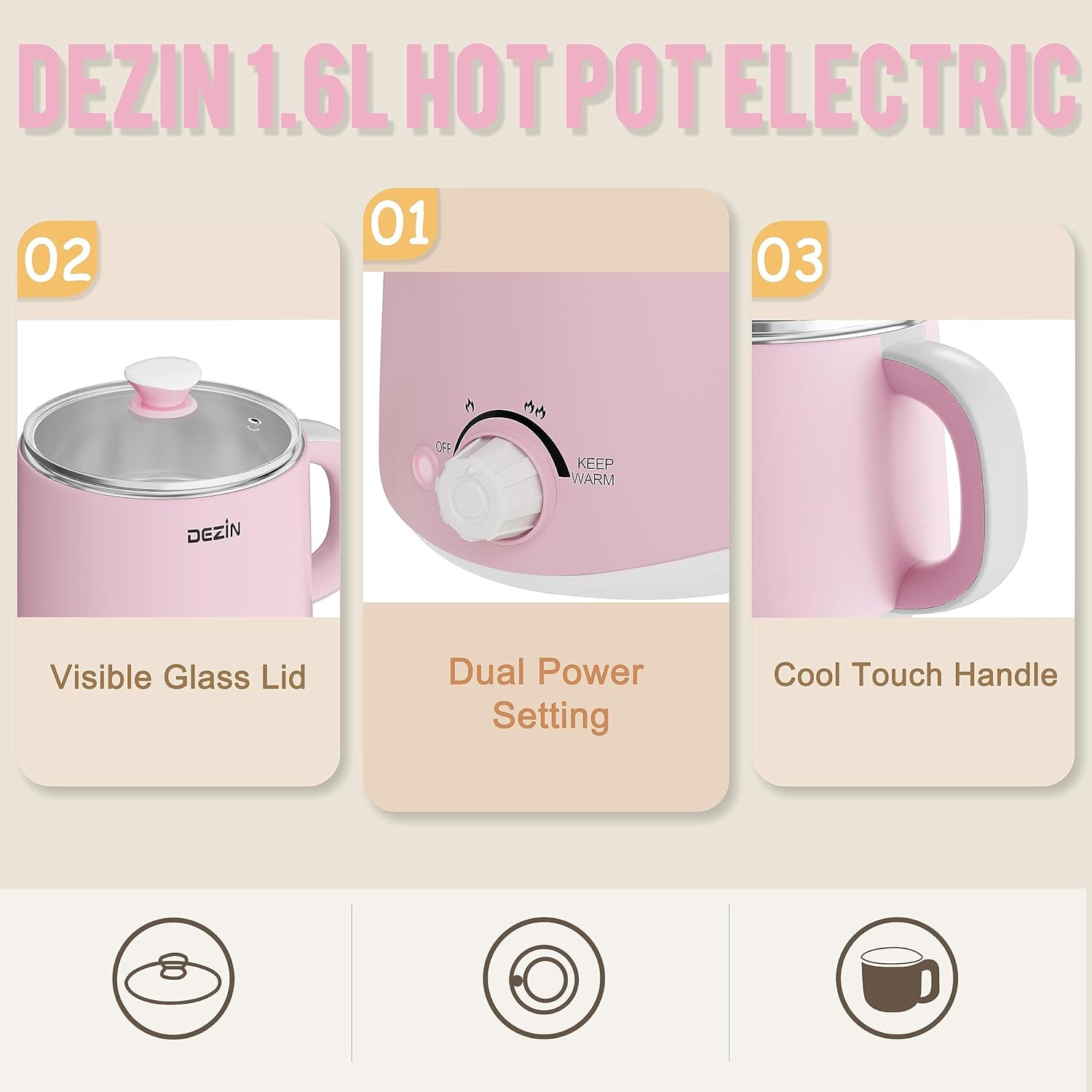 Dezin Electric Pot, 1.6L Ramen Cooker, Hot Pot Electric Stainless Steel, Multifunctional Electric Cooker for Egg, Pasta, Soup, Porridge, Oatmeal with Temperature Control and Keep Warm Function