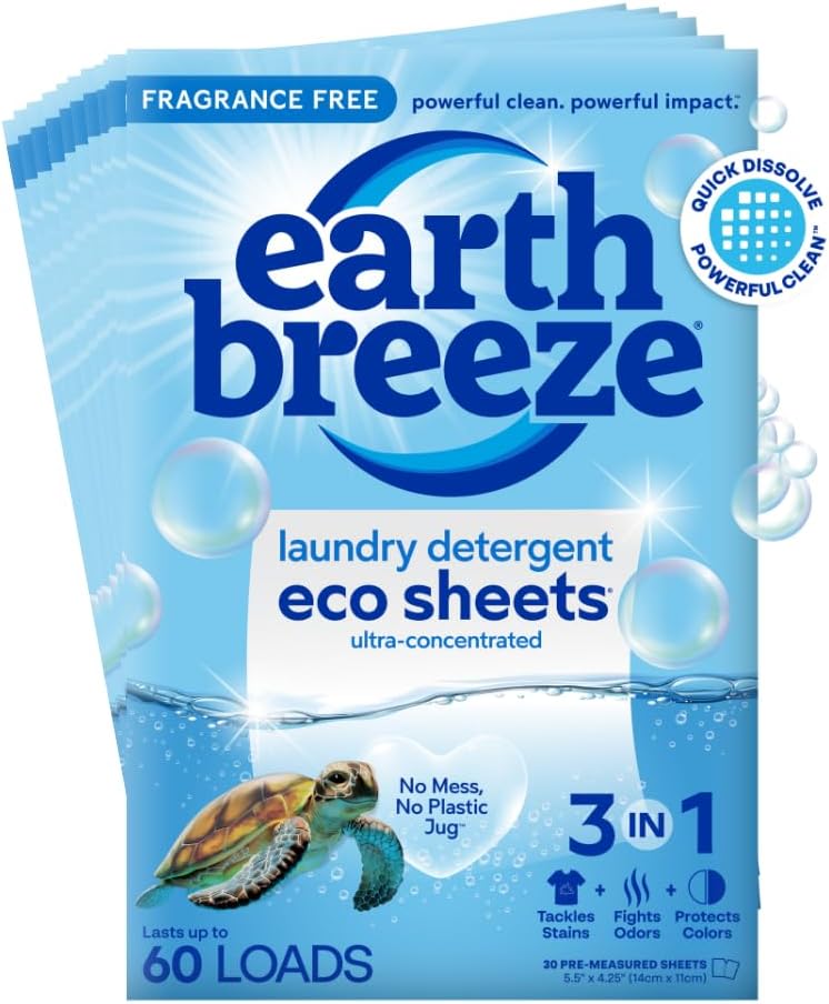 Earth Breeze Laundry Detergent Sheets Fresh Scent - 60 Loads No Plastic Jug Concentrated Laundry Detergent 30 Sheets