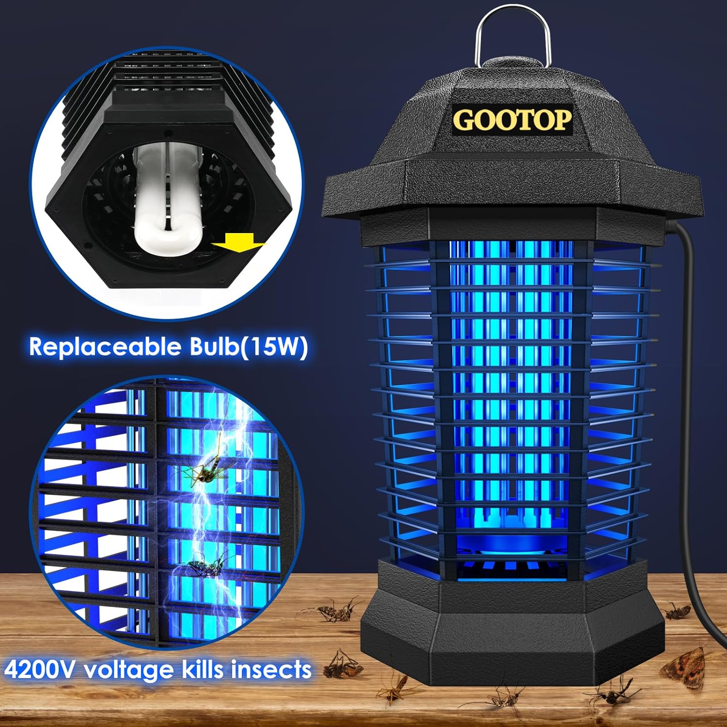 GOOTOP Bug Zapper Outdoor, Mosquito Zapper Outdoor, Electric Fly Zapper,Fly Traps, Mosquito Killer, 3 Prong Plug,Flying Insects Zapper Outdoor 90-130V, ABS Plastic Outer (Black)