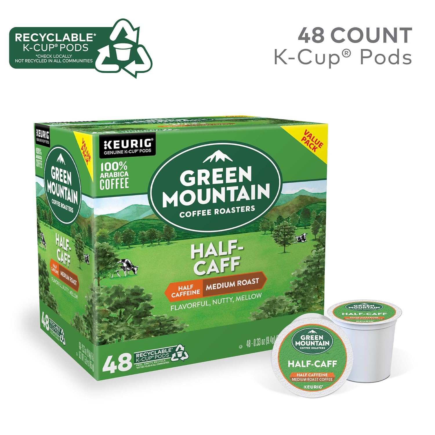 Green Mountain Coffee Roasters Half Caff Keurig Single-Serve K-Cup pods, Medium Roast Coffee, 72 Count (6 Packs of 12)