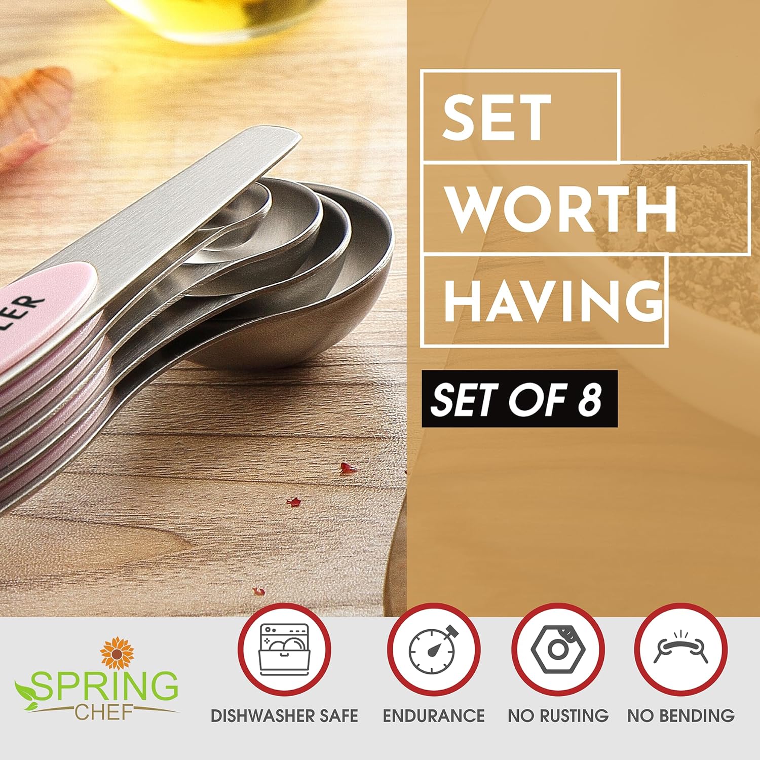 Spring Chef Magnetic Measuring Spoons Set with Strong N45 Magnets, Heavy Duty Stainless Steel Metal, Fits in Most Kitchen Spice Jars for Baking & Cooking, BPA Free, Black, Set of 8 with Leveler