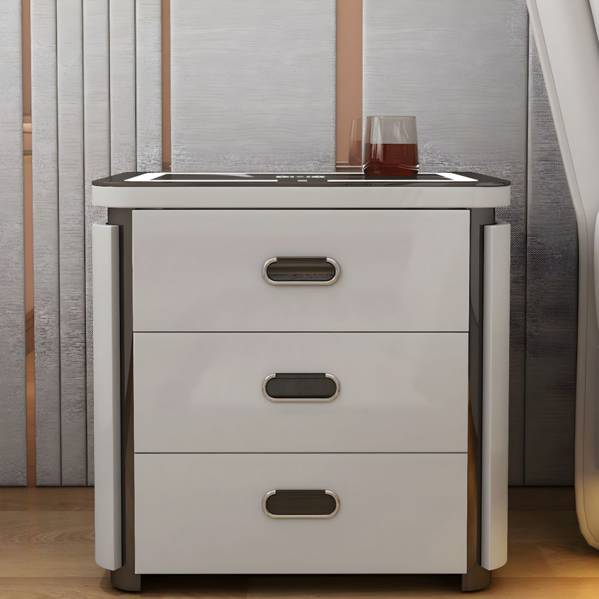 Modern Wood Nightstand with Glass Top and Drawers