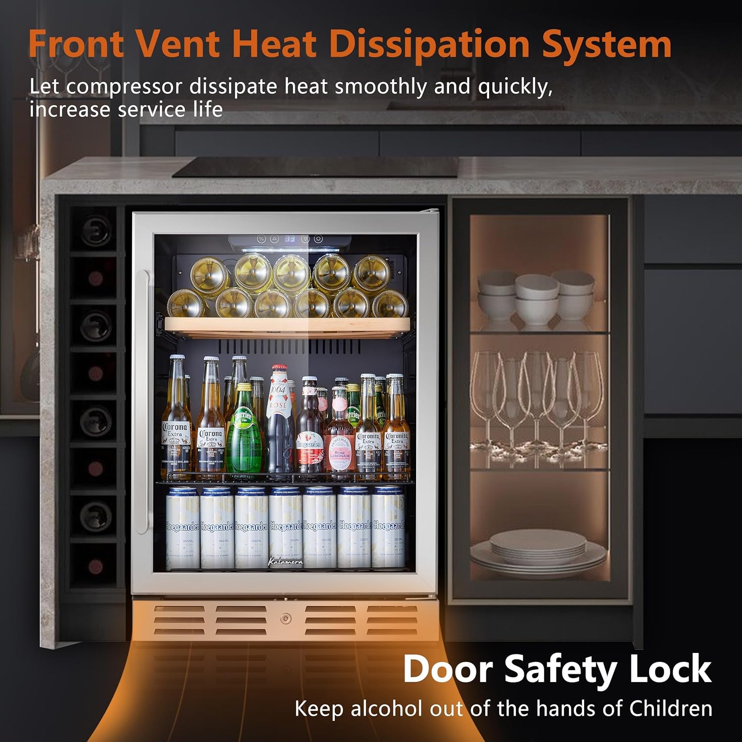 Kalamera 24 inch Wine Cooler, 46 Bottle - Dual Zone Built-in or Freestanding Fridge with Stainless Steel Reversible Glass Door, for Home, Kitchen, or Office.