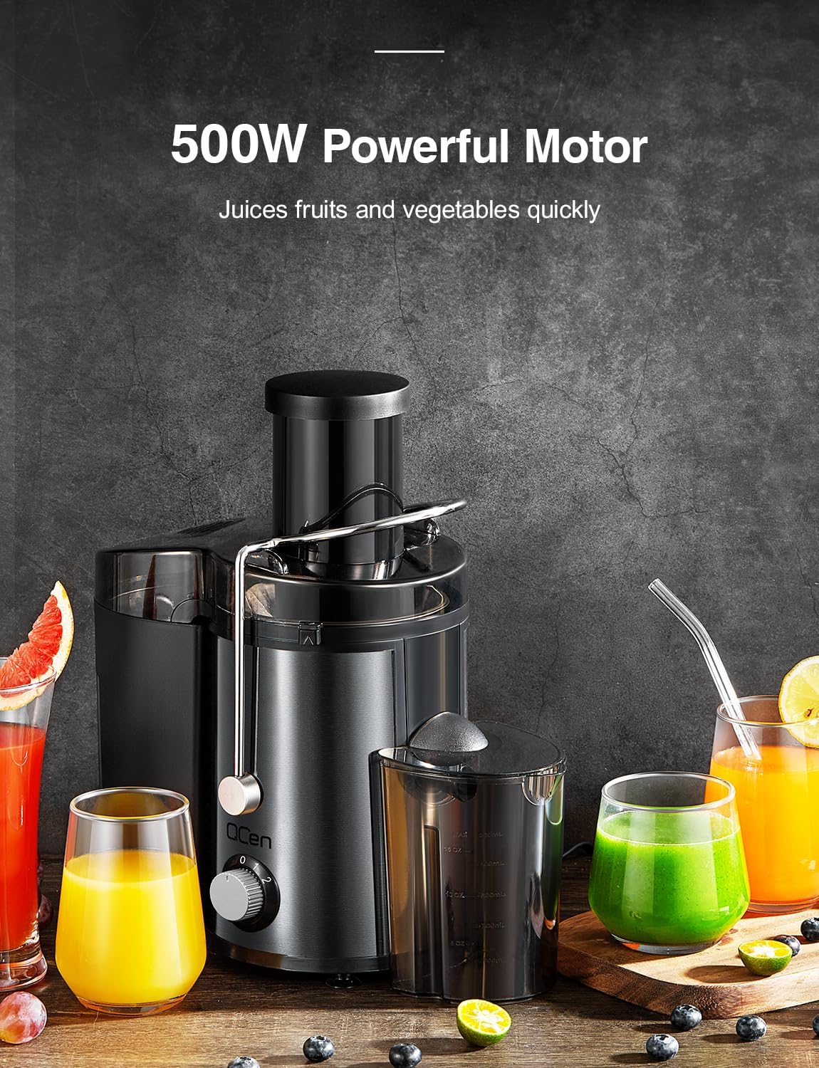 Qcen Juicer Machine, 800W Centrifugal Juicer Extractor with Wide Mouth 3” Feed Chute for Fruit Vegetable, Easy to Clean, Stainless Steel, BPA-free (Black)
