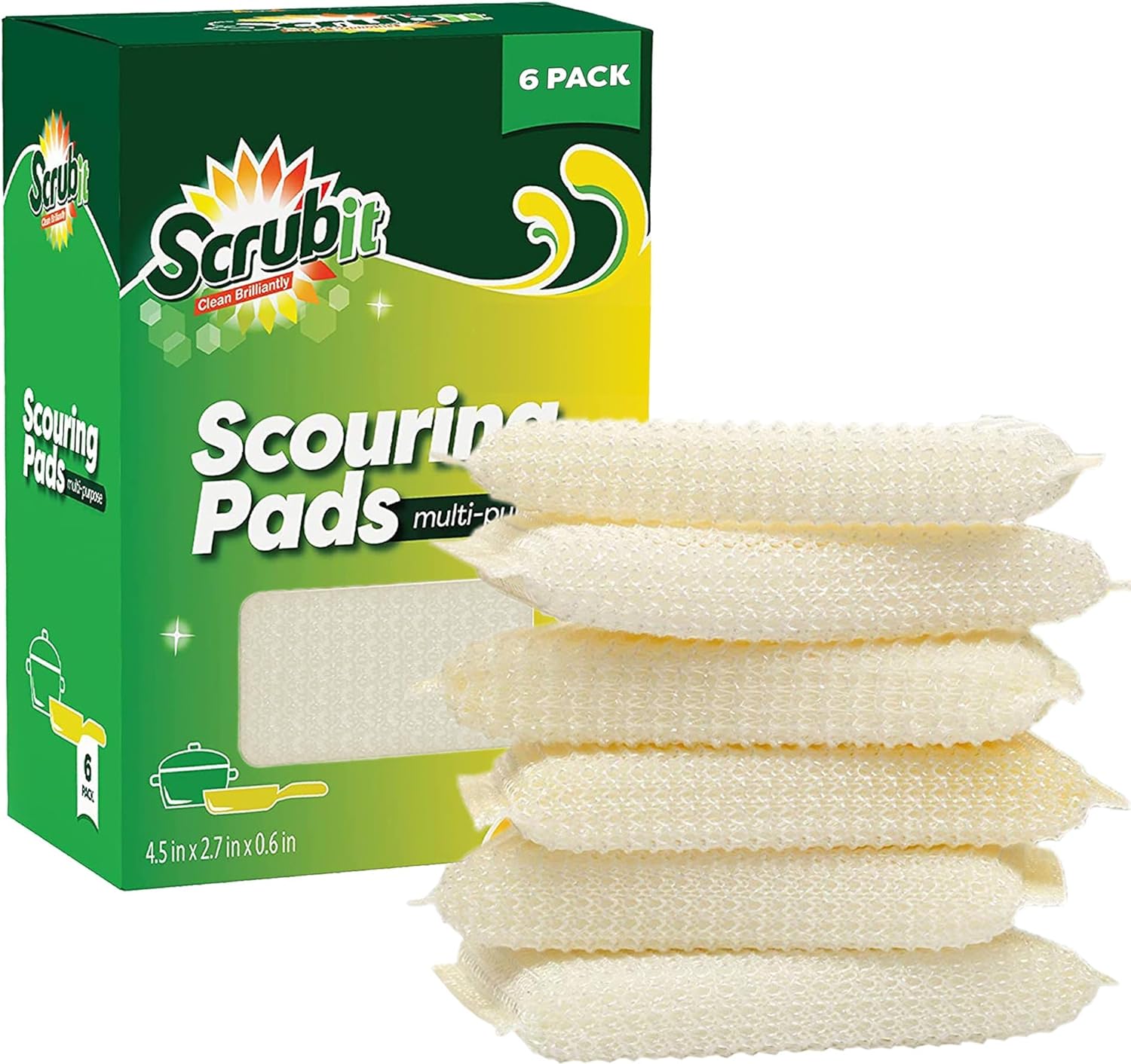 Multi-Purpose Scouring Pad by Scrub-It - Non-Scratch Cleaning Dobie Pads for Pots, Pans, Dishes, Utensils & Non-Stick Cookware - Sponge Scrubbers Use for Kitchen, Bathroom & More - 6 Pack