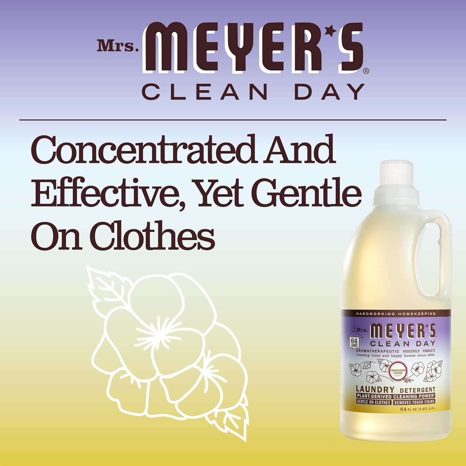 MRS. MEYER'S CLEAN DAY Liquid Laundry Detergent, Biodegradable Formula Infused with Essential Oils, Lavender, 64 oz (64 Loads)