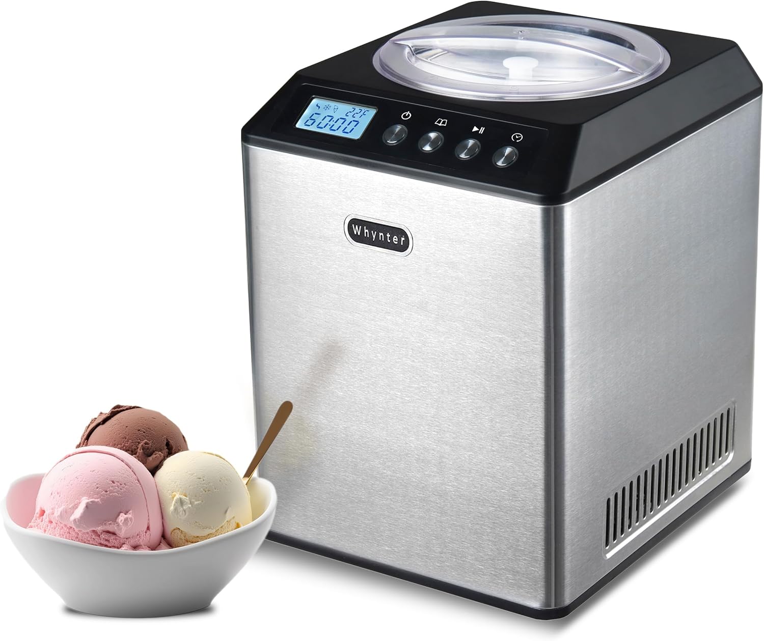 Whynter Ice Cream Maker Machine Automatic 2.1 Qt. upright with Built-in Compressor, LCD Digital Display & Timer, No Pre-Freezing, ICM-201SB, Stainless Steel