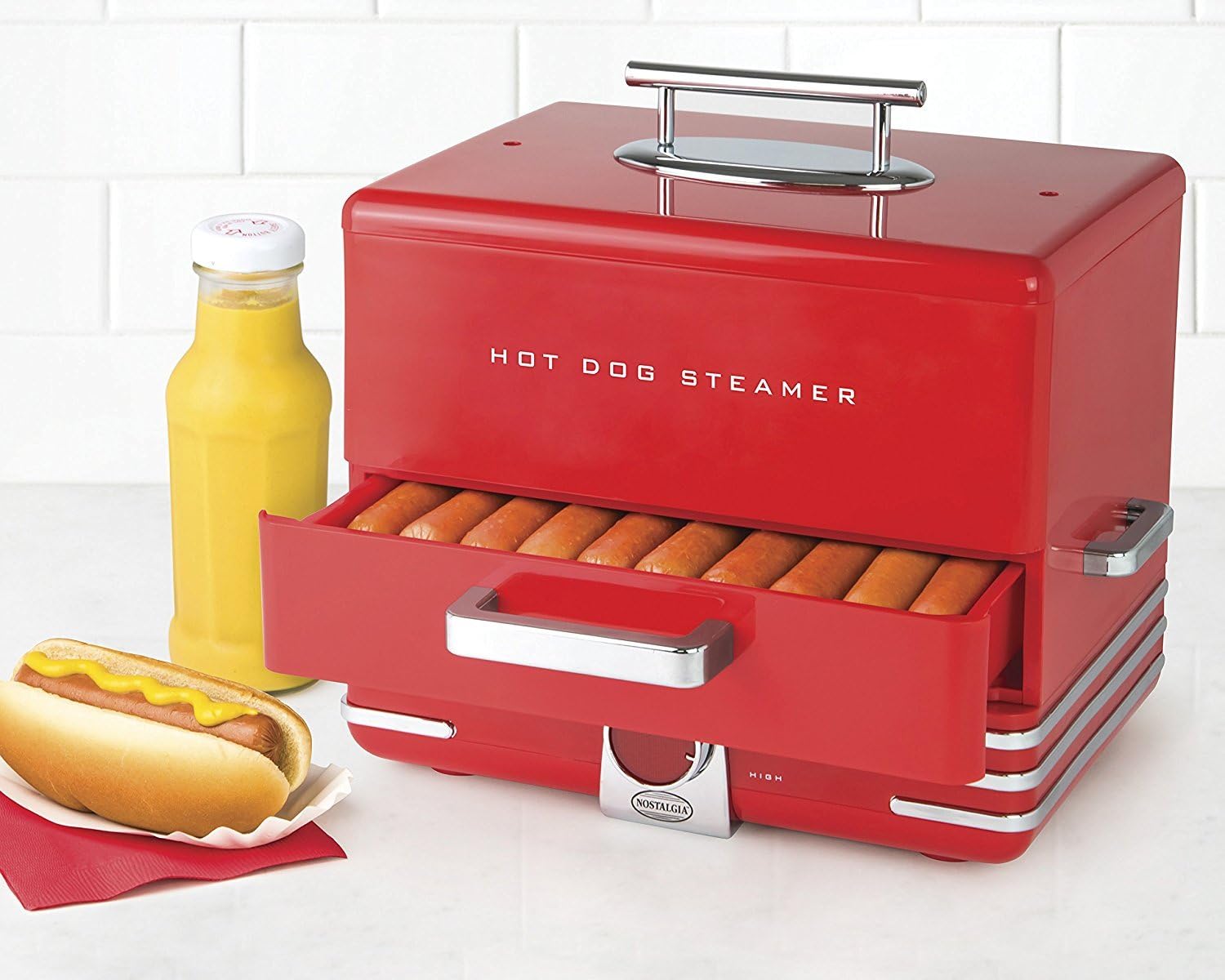Nostalgia Extra Large Diner-Style Coca-Cola Hot Dog Steamer and Bun Warmer, 24 Hot Dog and 12 Bun Capacity, Steam Bratwursts, Sausages, Vegetables, Fish, Dumplings, Red