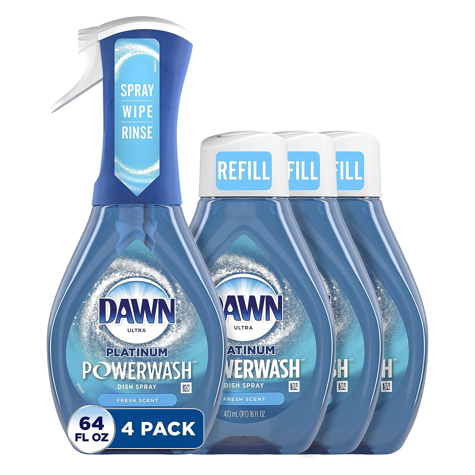 Dawn Platinum Powerwash Dish Spray, Dish Soap, Fresh Scent Bundle, 1 Spray (16oz) + 3 Refills (16oz each)(Pack of 4)
