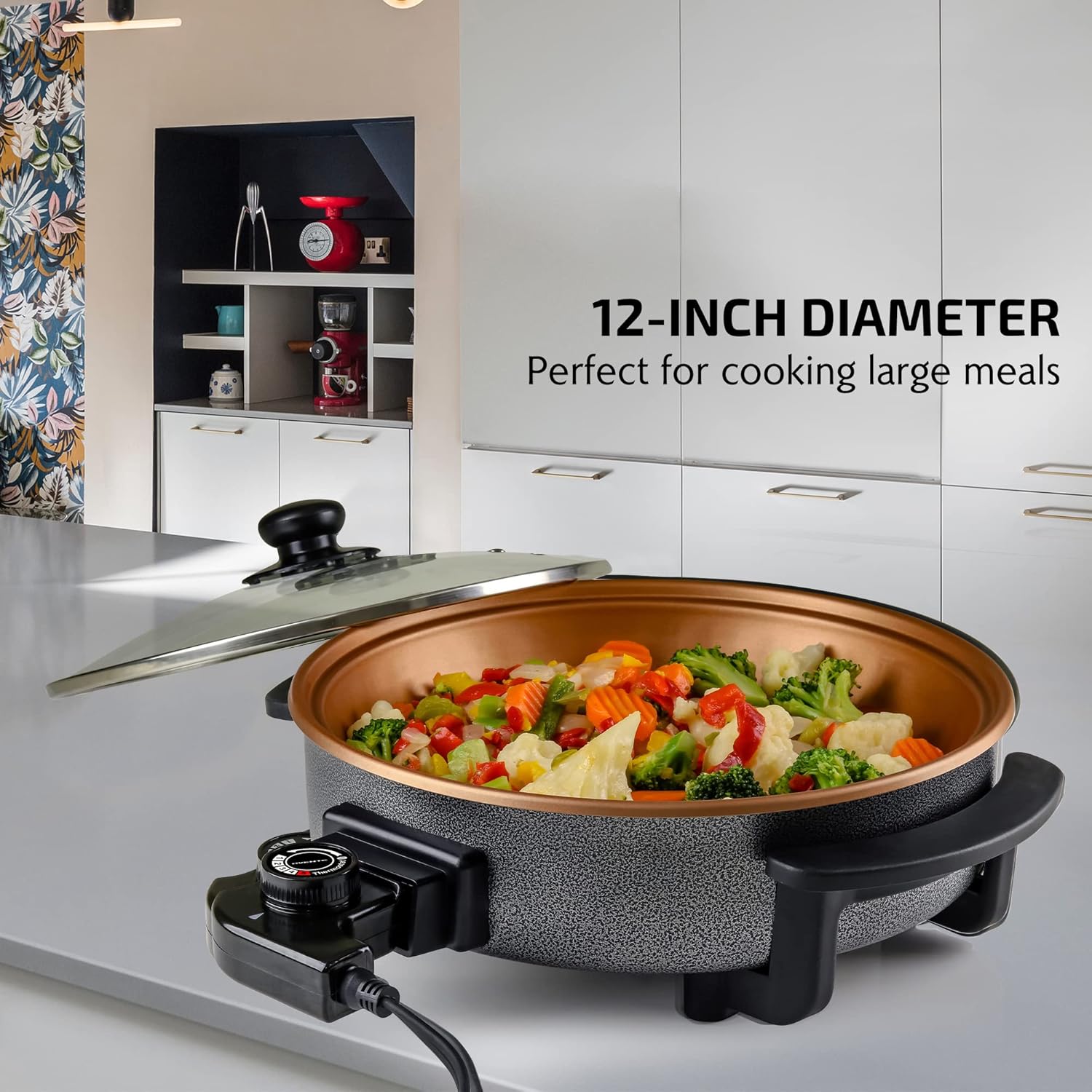 OVENTE 12 Inch Electric Skillet and Frying Pan with Nonstick Coating, 1400W Power, Adjustable Temperature Control, Tempered Glass Lid with Vent and Cool Touch Handles, Black SK11112B