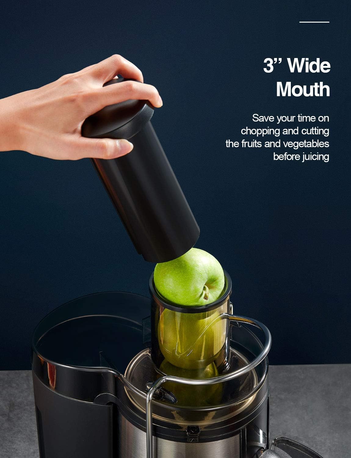 Qcen Juicer Machine, 800W Centrifugal Juicer Extractor with Wide Mouth 3” Feed Chute for Fruit Vegetable, Easy to Clean, Stainless Steel, BPA-free (Black)