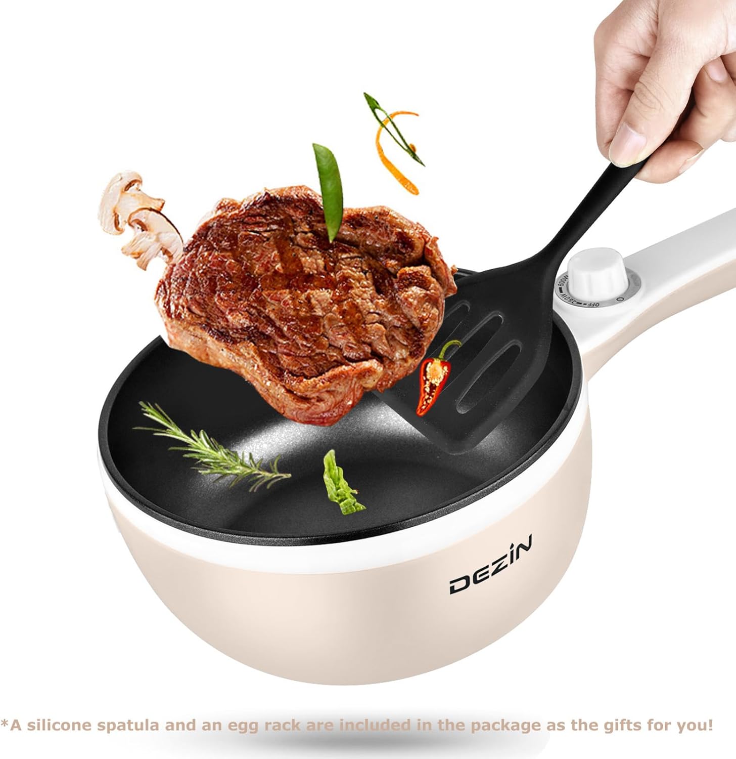 Dezin Hot Pot Electric Upgraded, Non-Stick Sauté Pan, Rapid Noodles Electric Pot, 1.5L Mini Portable Hot Pot for Steak, Egg, Fried Rice, Ramen, Oatmeal, Soup with Power Adjustment(Egg Rack Included)