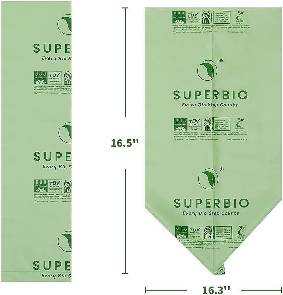 SUPERBIO 1.6 Gallon Handle Tie Compostable Food Scrap Bags For Counter Top Compost Bin, Small Compost Bags, 50 Count, 6 Liter, BPI & OK compost INDUSTRIAL Certified