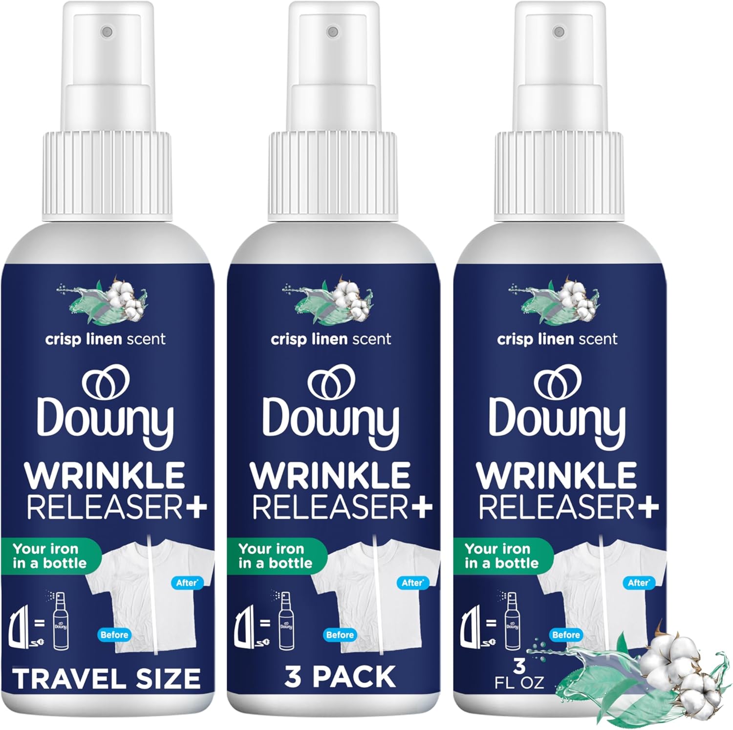 Downy Wrinkle Releaser Spray All In One Wrinkle Release Spray Travel Size, Odor Eliminator, Static Remover Fabric Refresher & Ironing Aid for Clothes 3 Fl Oz (Pack of 2), Crisp Linen Scent