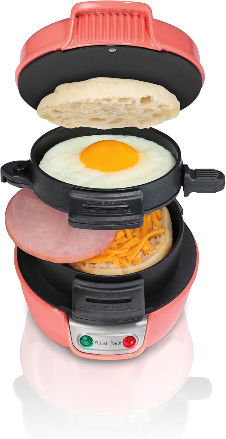 Hamilton Beach Breakfast Sandwich Maker with Egg Cooker Ring, Customize Ingredients, English Muffins, Croissants, Mini Waffles, Perfect White Elephant Gifts, Single, Black