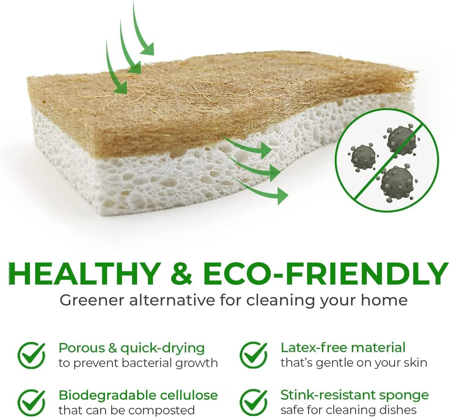 Natural Kitchen Sponge - Biodegradable Compostable Cellulose and Coconut Scrubber Sponge - Pack of 12 Eco Friendly Sponges for Dishes