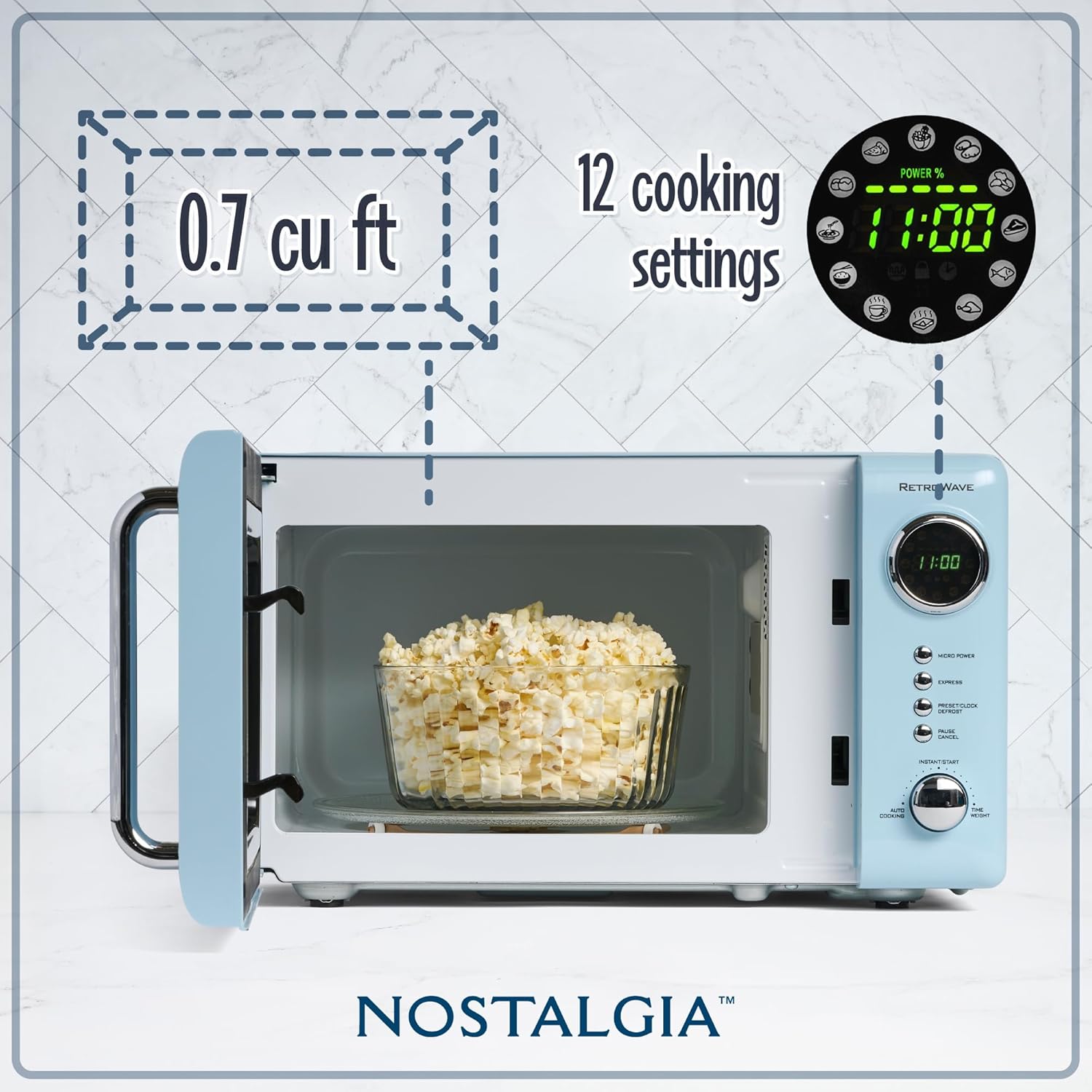 Nostalgia Retro Compact Countertop Microwave Oven - 0.7 Cu. Ft. - 700-Watts with LED Digital Display - Child Lock - Easy Clean Interior - Aqua