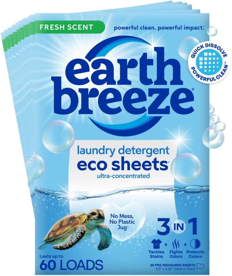 Earth Breeze Laundry Detergent Sheets Fresh Scent - 60 Loads No Plastic Jug Concentrated Laundry Detergent 30 Sheets