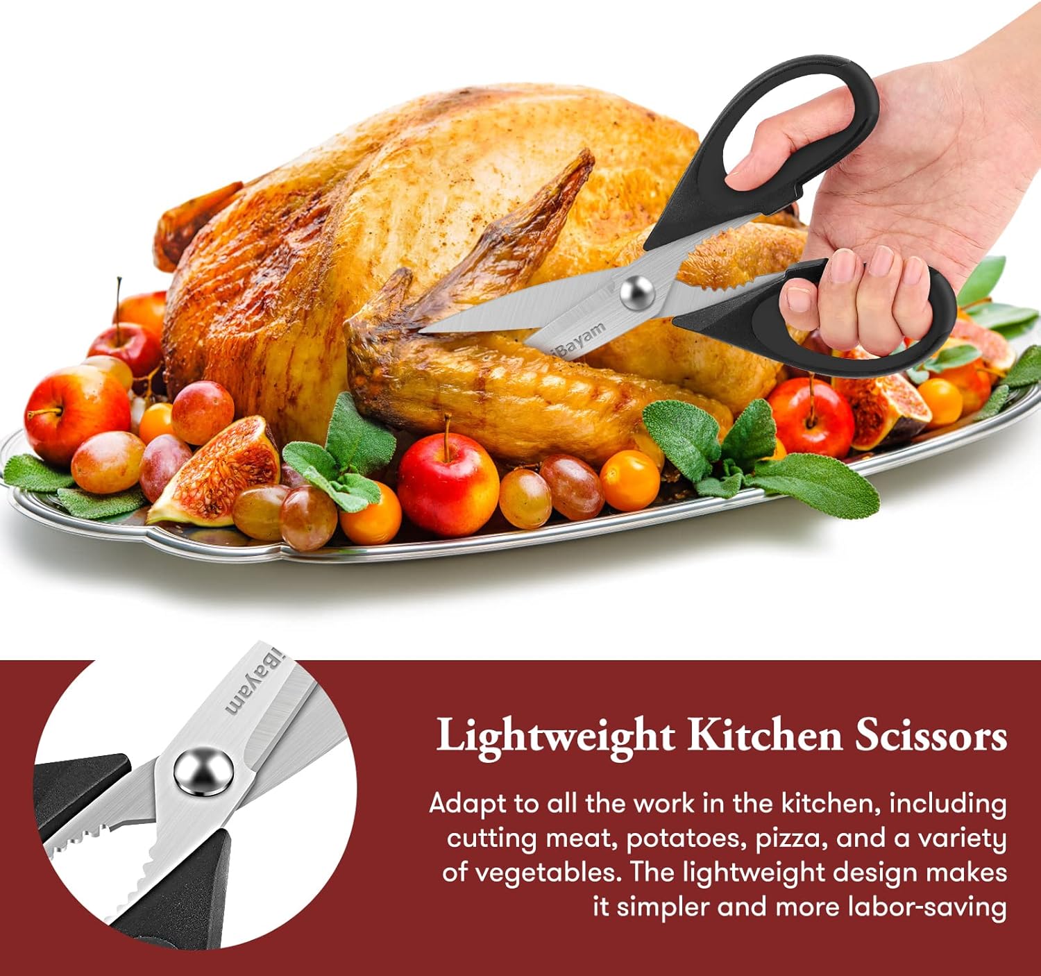 iBayam Kitchen Scissors All Purpose Heavy Duty Meat Poultry Shears, Dishwasher Safe Food Cooking Scissors Stainless Steel Utility Scissors, 2-Pack (Black Red, Black Gray)