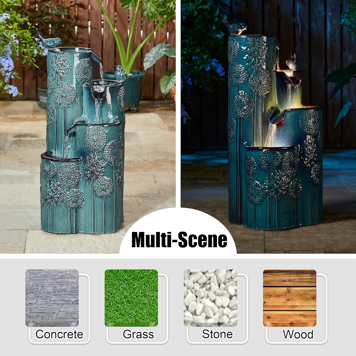 Outdoor Water Fountain with LED Lights and Pump, 4 Tier Dandelion Texture Vase Shaped Ceramic Floor Standing Fountain with Birds for Porch Deck Garden Patio Backyard, Turquoise