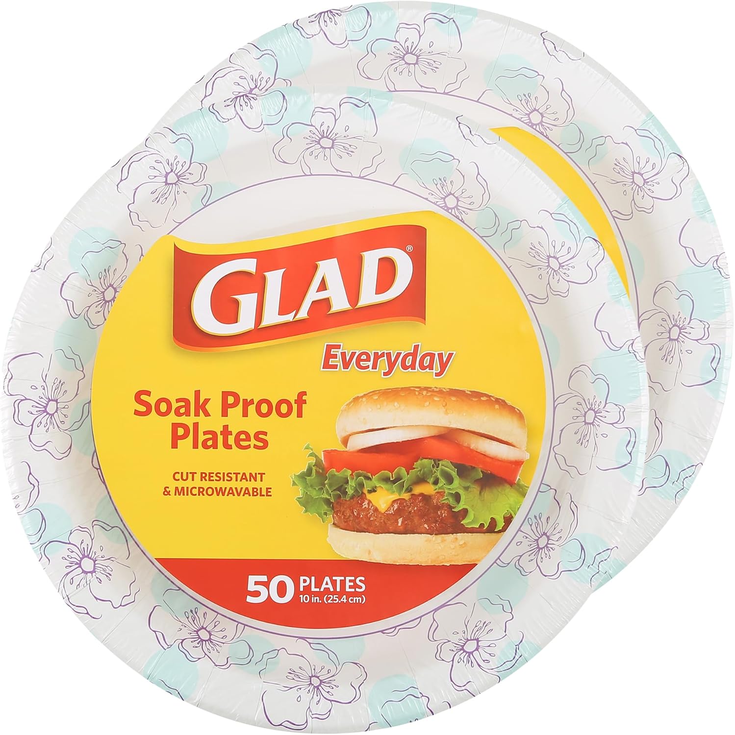 Glad Round Disposable Paper Plates 10 in, Blue Flower|Soak Proof, Cut Proof, Microwave Safe Heavy Duty Paper Plates For Parties|50 Count Bulk Paper Plates 10 Inch