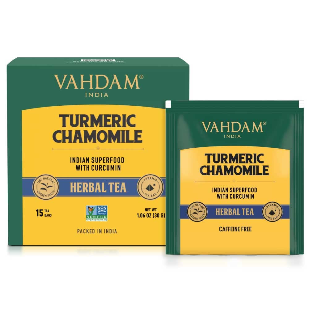 VAHDAM, Organic Turmeric Ginger Herbal Tea Bags (100 Pyramid Tea Bags) Caffeine Free, Non GMO, Gluten Free | 100% Pure Herbal Blend - Savory & Spicy | Plant-Based Tea Bags | Resealable Ziplock Pouch