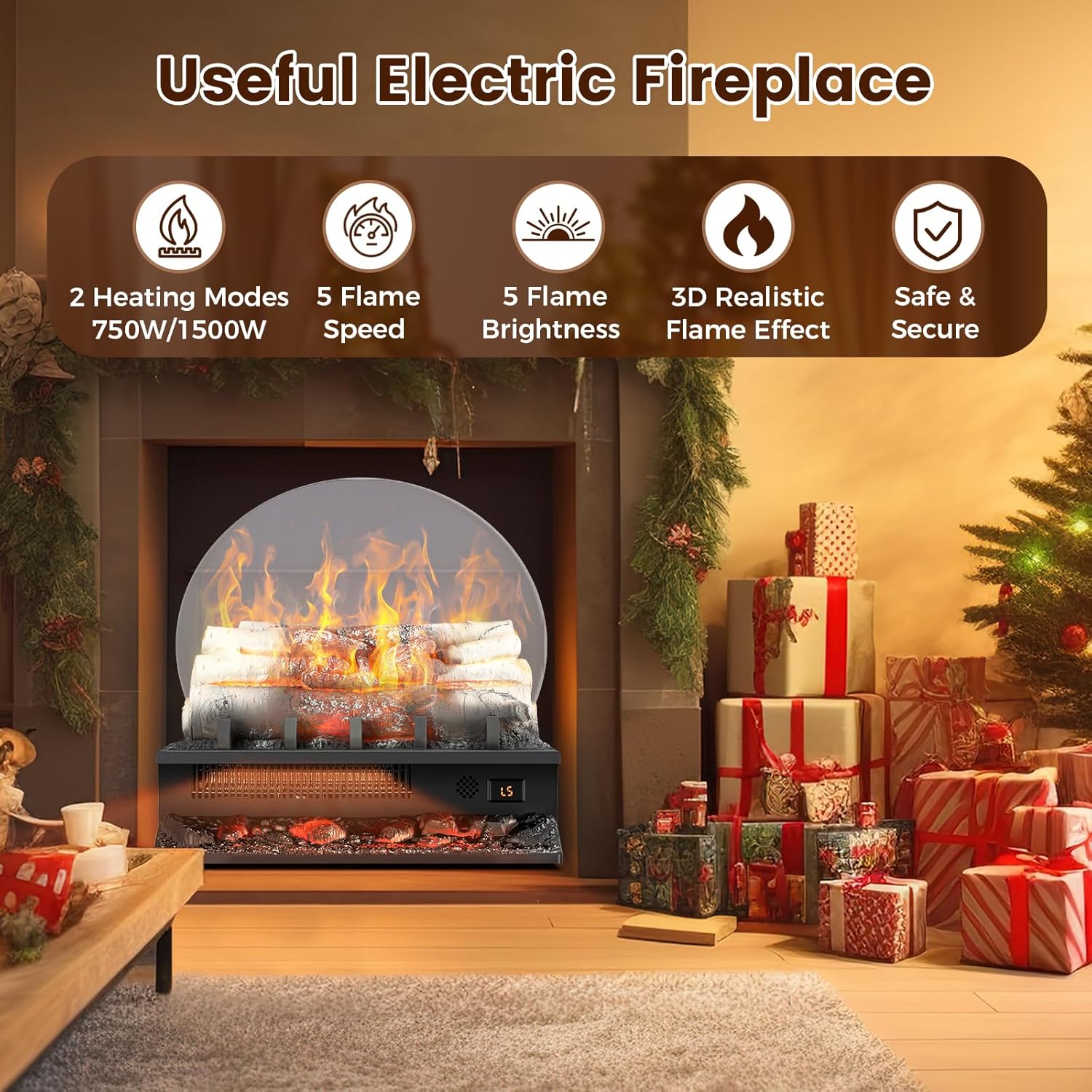 21 Inches Electric Fireplace Insert Log Heater Set, Freestanding Heater with Adjustable Flame Brightness and Flicker Speed, 750w/1500w Heating, Overheat Protection, Remote Control
